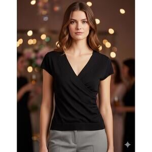 Maurices Women's Size M Black Surplice V-Neck Wrap Front Cap Sleeve Knit Top